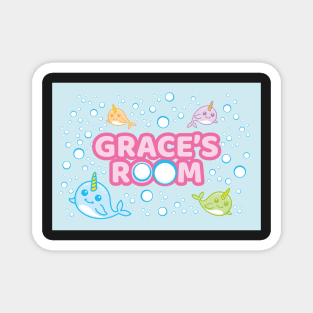 Personalised Narwhal 'Grace's Room' Sea Unicorn Bedroom Poster Door Sign Magnet