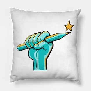 fist firmly holding a pen with a star on top Pillow