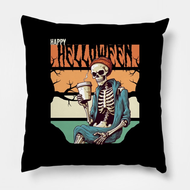 Spooky Skeleton Enjoying Coffee, Happy Halloween Graphic Pillow by theworthyquote