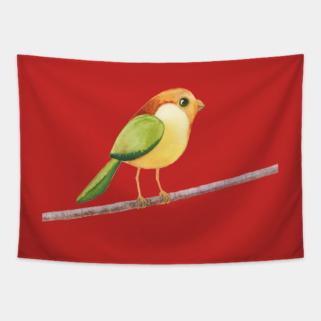 Bird on a Wire - Red, Green, Orange, and Yellow Cute Bird - Watercolor Painting Tapestry by VegShop