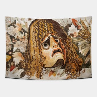 POMPEII COLLECTION ANTIQUE ROMAN MOSAICS ,GREEK TRAGEDY THEATER MASK WITH LEAVES AND PINE CONES Tapestry