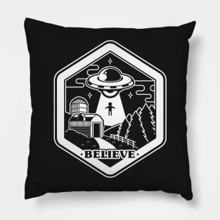 Alien Abduction UFO Believe Farm Logo Pillow