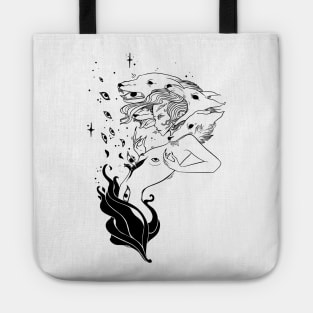 Witch With Wolves Line Artwork Tote