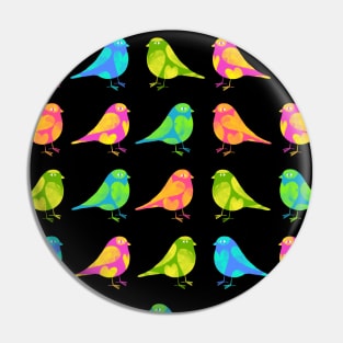 Cute little colourful birds with hearts on black background Pin