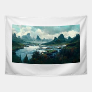 Into the Wilderness Landscape with River and Mountains Tapestry