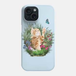 Ginger kitten playing with a blue butterfly Phone Case