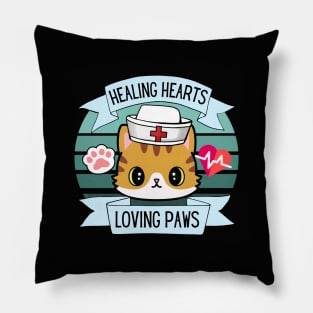 Healing Hearts, Loving Paws. Cat Nurse Merch Design. Pillow