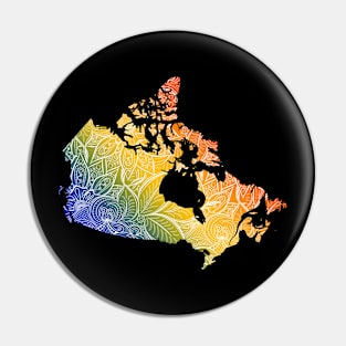 Colorful mandala art map of Canada with text in blue, yellow, and red Pin