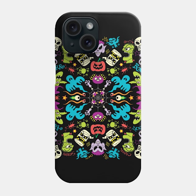 Spooky Halloween characters and symbols celebrating in a colorful pattern design Phone Case by zooco