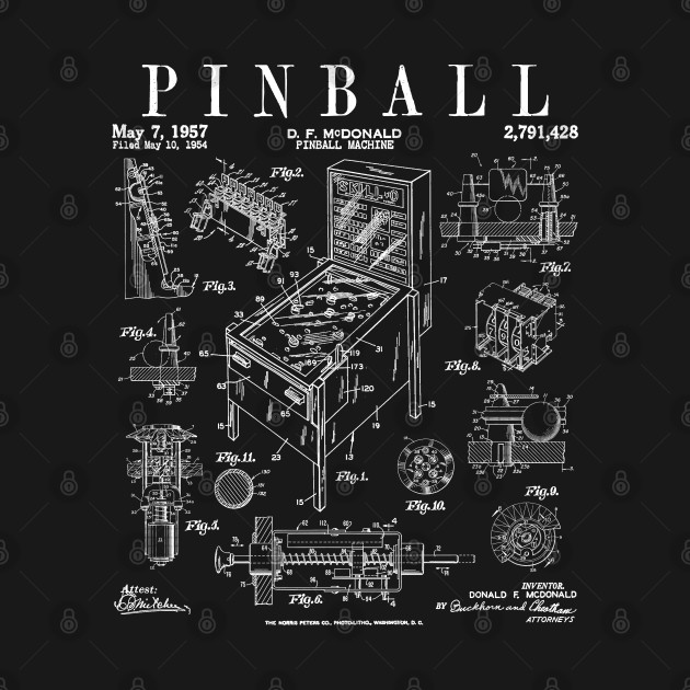 Pinball Arcade Gaming Machine Vintage Gamer Patent Print - Pinball Patent Gamer - T-Shirt