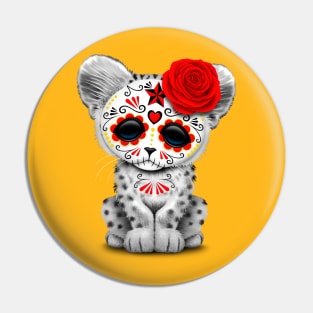 Red Day of the Dead Sugar Skull Snow Leopard Cub Pin