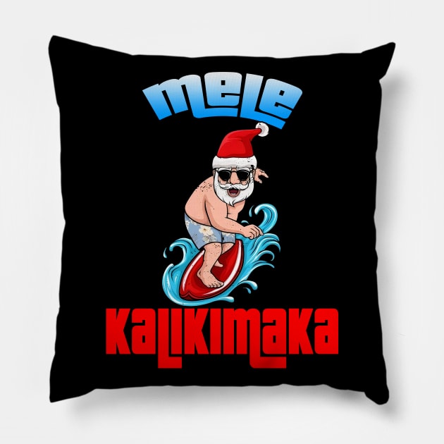 Mele Kalikimaka Christmas Santa Shaka Hawaii Surfing Pillow by intelus