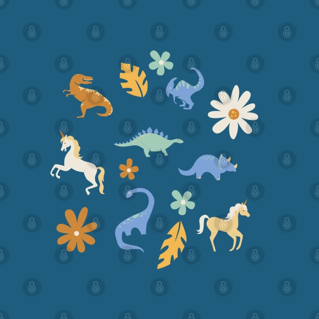 Dinosaurs + Unicorns in Blue + Umber by latheandquill