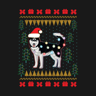 Husky Ugly Sweater Christmas Lights T-Shirt