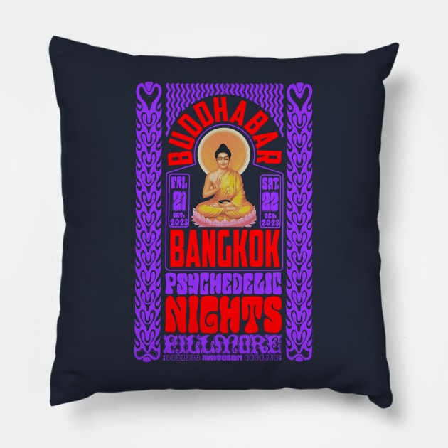 Psychedelic Nights at Bangkok Buddha Bar - Vintage Poster Design Pillow by Boogosh