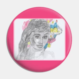 Young Girl in Halo of Flowers Pin