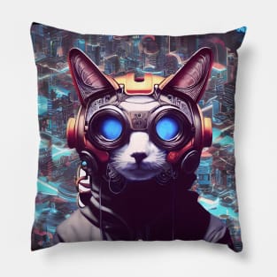 Cool Japanese Techno Cat In Future World Japan Neon City Pillow