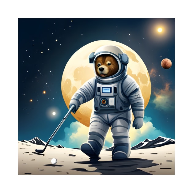 Teddy in a Space suit playing Golf on the Moon by Colin-Bentham