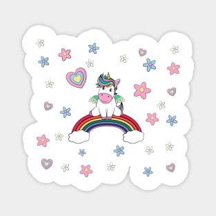 Unicorn Sits On A Rainbow With Hearts And Flowers Magnet