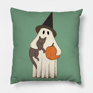 Vintage Ghost with Cat Halloween Graphic Pillow