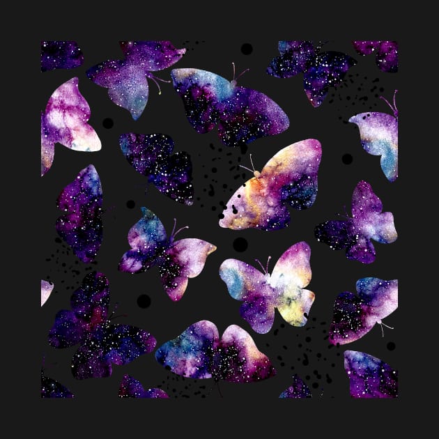 Watercolor Colorful Galaxy, Butterflies and Black Dots by Cordata