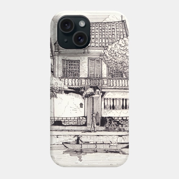 Townhouse in Hoi An Vietnam Pen and Ink Illustration Phone Case by Wall-Art-Sketch