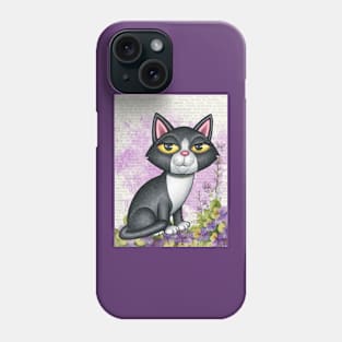 Fun black and white kitty cat with purplish flowers Phone Case