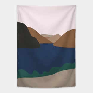 Neutral, Mid Century, Mountain, Hill, Lake, Nordic Print Tapestry