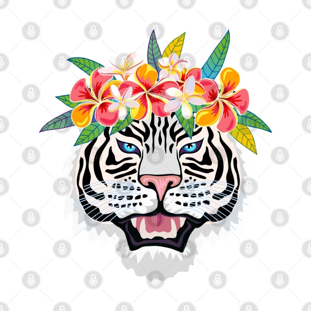 White Tiger and Tropical Flowers by Cool Abstract Design