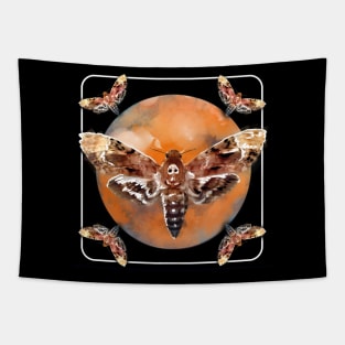 Deathshead hawk moths sphinx moths against an orange blood moon halloween spooky Tapestry