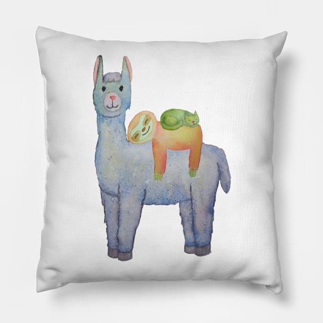 Llama, Sloth and Cat Watercolor Cute Animals Pillow by bethcentral