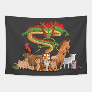 All 12 Chinese Zodiac Animals Together Tapestry