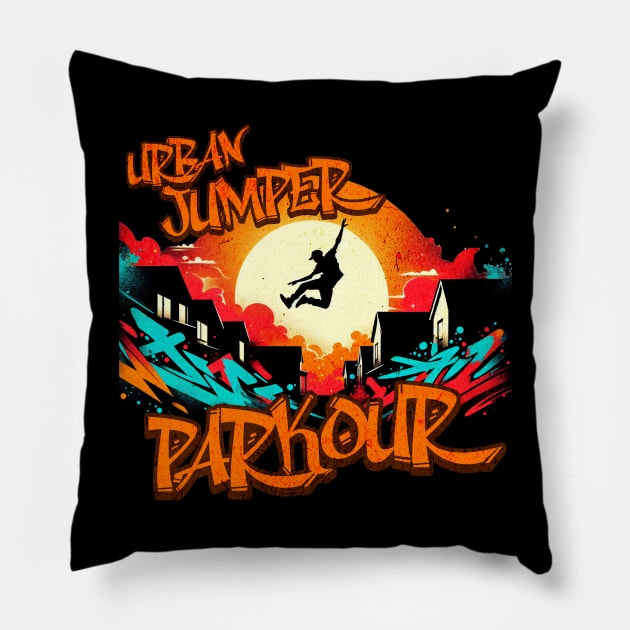 Urban Jumper Parcour Graffiti Design Pillow by Miami Neon Designs