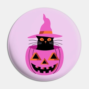 Witchy cat and pumpkin - pink Pin