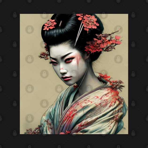 Japanese geisha head painting with flowers by Ravenglow