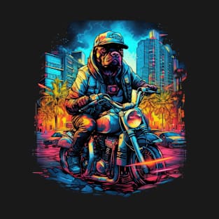 A gritty urban t-shirt design featuring a Rottweiler Dog on a motorcycle T-Shirt