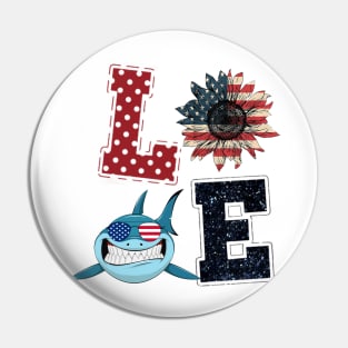 Love Shark And Sunflower American Flag Happy Independence Day Pin