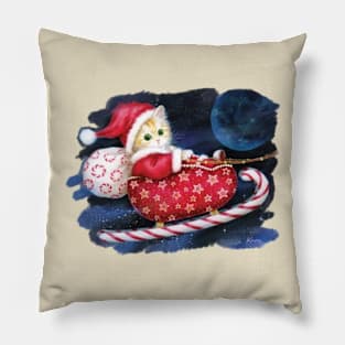 Kitten Santa on Candy Sleigh Pillow