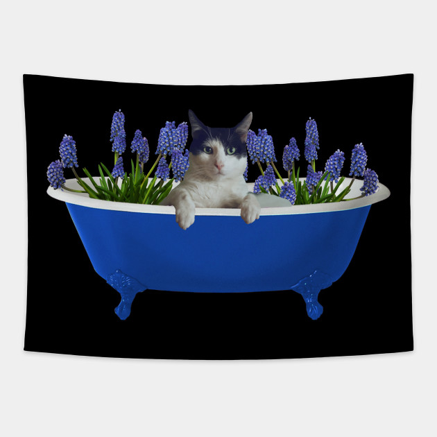 Black White Cat Blue Bathtub Hyacinth Flowers Cat Lover Gifts