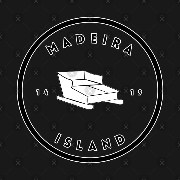 Madeira Island 1419 logo with the traditional toboggan ride/carro de cesto in black & white by Donaby