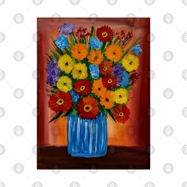 A lovely boutique of abstract vibrant bright colorful  flowers in a tall turquoise glass vase by kkartwork