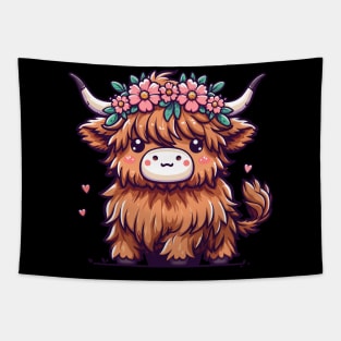 Kawaii scottish highland cow with flower crown Tapestry