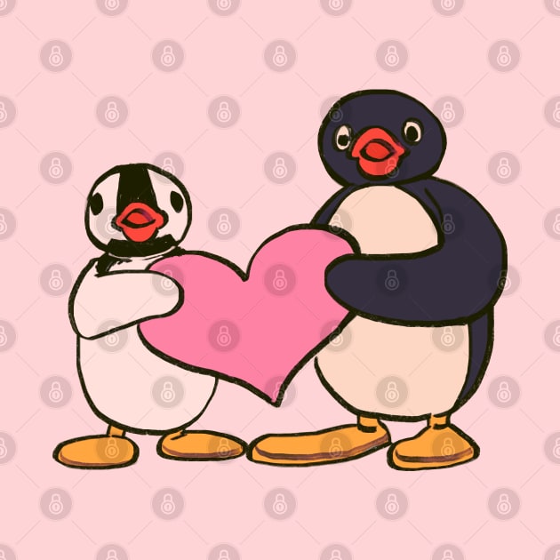cute pingu and pinga penguin holding heart by mudwizard