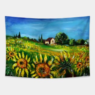 SUNFLOWERS AND COUNTRYSIDE IN TUSCANY LANDSCAPE Tapestry