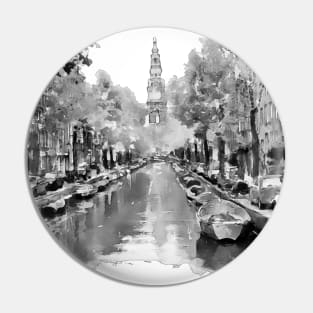 Black and White Watercolor Painting - Groenburgwal - Amsterdam Canal Pin