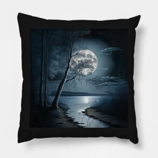 Painting of Full moon shining on the lake on a calm summer night Pillow