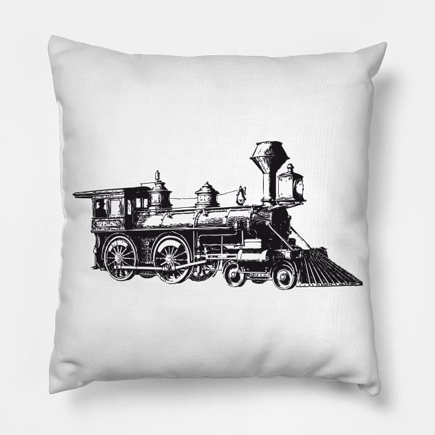 Locomotive Tank Engine Train LineArt Black Pillow by HappyGiftArt