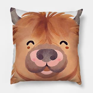 Cute Highland Cow Smiling Watercolor Painting Pillow