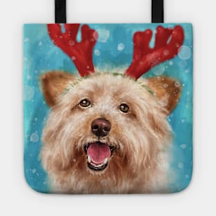 Painting of an Adorable Smiling Yorkshire Terrier with Red Antlers for Christmas Tote