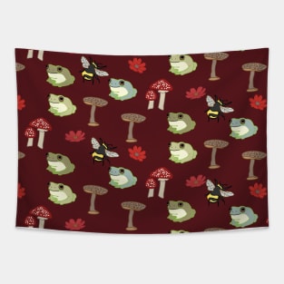 Burgundy Cottagecore Mushroom and Frog Pattern Tapestry